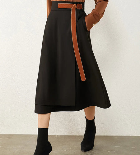 Minimalism Autumn Skirts Fashion Solid Belt Women Robe Causal High Waist Aline Irregular Hem Female Midi Skirt 12240752
