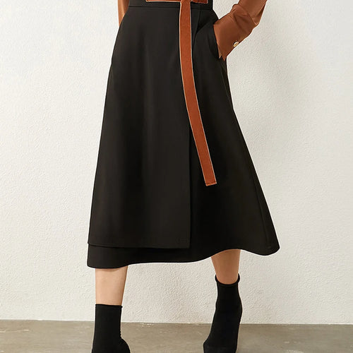 Load image into Gallery viewer, Minimalism Autumn Skirts Fashion Solid Belt Women Robe Causal High Waist Aline Irregular Hem Female Midi Skirt 12240752
