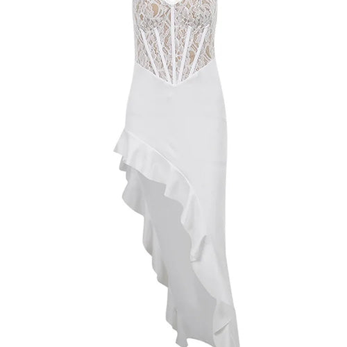 Load image into Gallery viewer, Lace Splicing Sexy Perspective Belt Dress Women Irregular Sleeveless Edge Dress Summer Long Party Vacation Evening Dress
