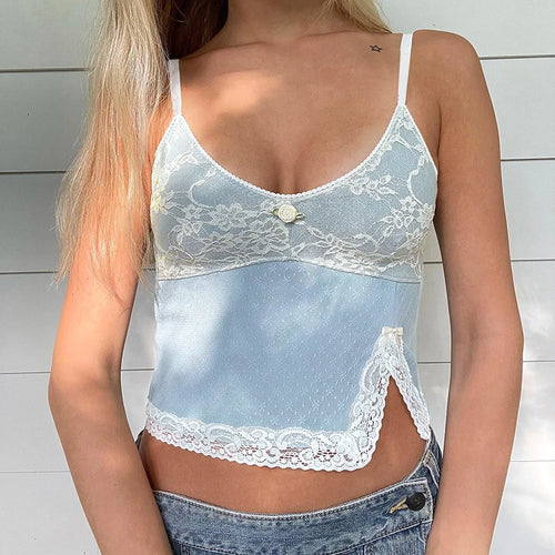 Load image into Gallery viewer, Fashion Chic Strap Y2K Party Sexy Tops Skinny Ladies Appliques Lace Patched Split Mini Summer Women&#39;s Camis Top Cute
