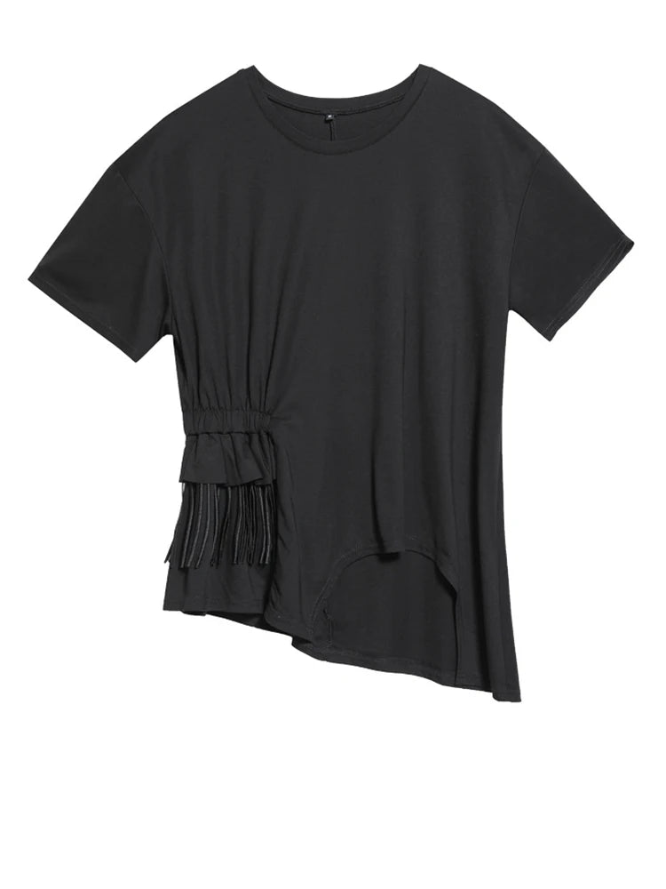 Women White Irregular Tassels Big Size Casual T-shirt New Round Neck Short Sleeve Fashion Tide Spring Summer 2025 1DJ1759