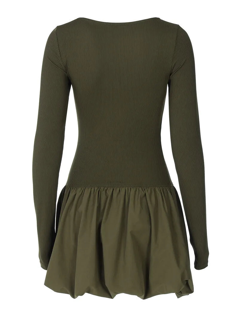 Long Sleeve Puffball Sexy Mini Dress For Women Autumn Winter New O Neck High Waist A-line Ruffled Pleated Dress