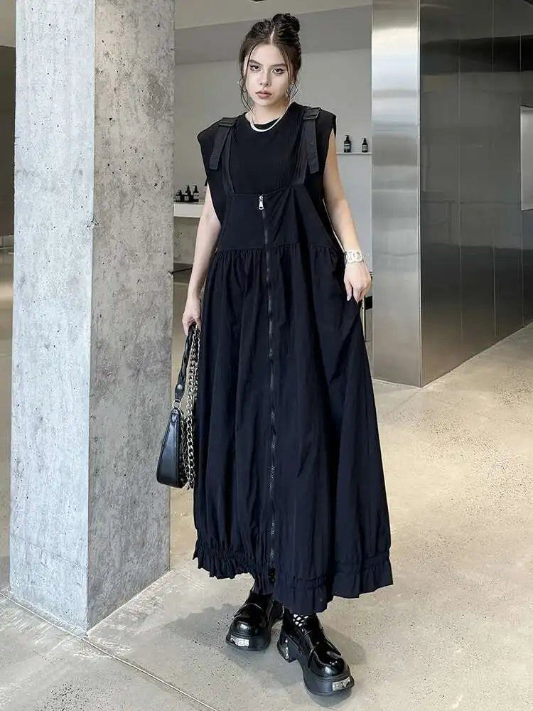 Women Green Pleated Pocket Big Size Strap Dress New Square Collar Sleeveless Fashion Tide Spring Autumn 2025 1DH6067
