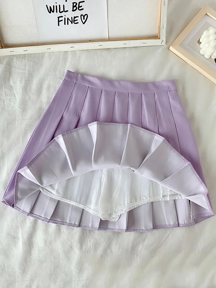 Black Skirt Female Summer High Waist gothic Anti-Glare A-Line Pleated Skirt Short Skirt Purple Ins Tide Ulzzang Skirt