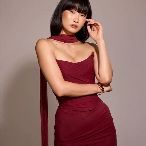 Load image into Gallery viewer, Wine Red Sexy Two Piece Sets Women Neckerchief Strapless Crop Tops And Maxi Skirt Sets Club Party Skirt Two Piece Sets
