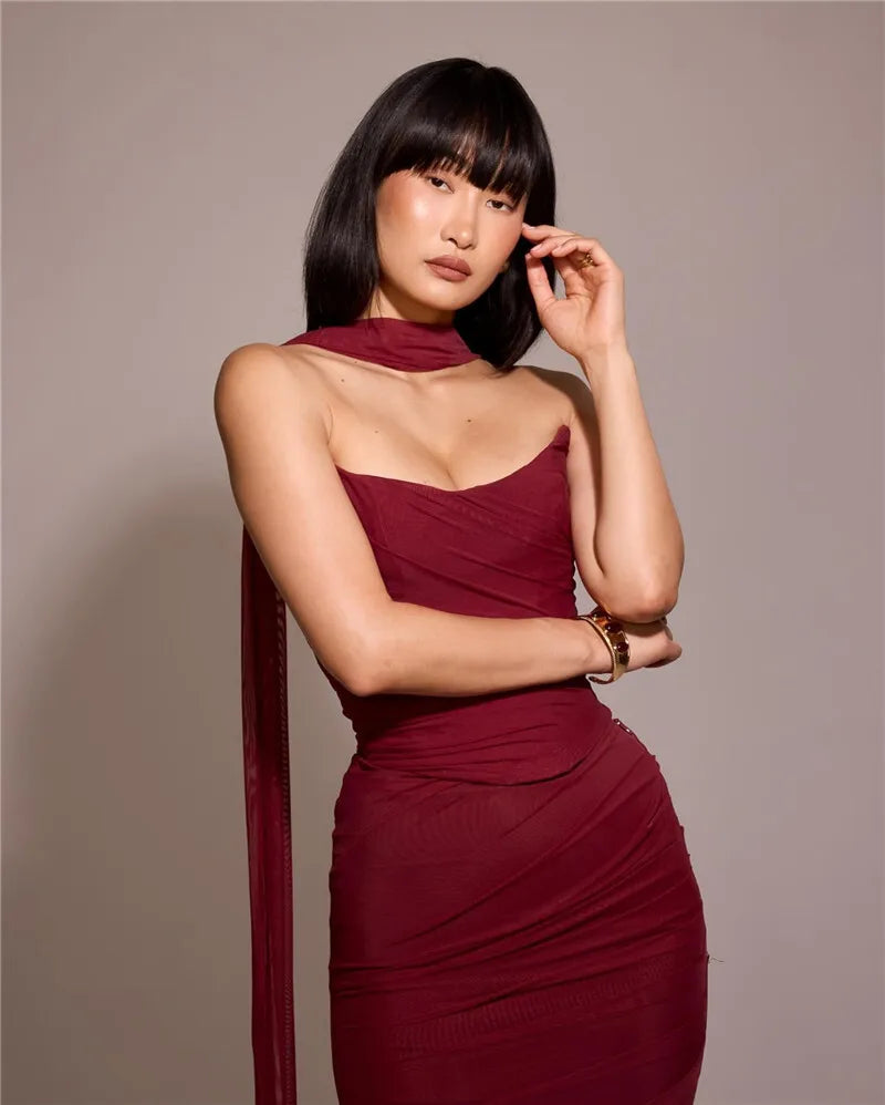 Wine Red Sexy Two Piece Sets Women Neckerchief Strapless Crop Tops And Maxi Skirt Sets Club Party Skirt Two Piece Sets