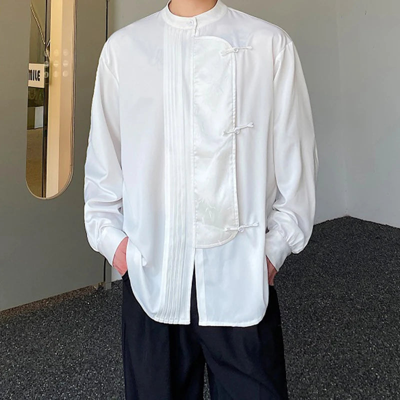 Men's Shirts Long Sleeve New Chinese Style Personalized Stand Collar  Button Design Solid Color Handsome Male Top 9W1789