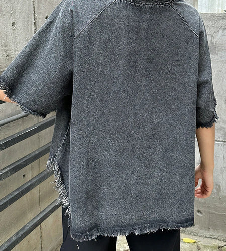 Women Black Denim Burr Irregular Big Size Casual T-shirt New V-Neck Half Sleeve Fashion Tide Spring Summer 2025 1DJ1392