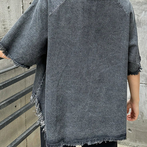 Load image into Gallery viewer, Women Black Denim Burr Irregular Big Size Casual T-shirt New V-Neck Half Sleeve Fashion Tide Spring Summer 2025 1DJ1392
