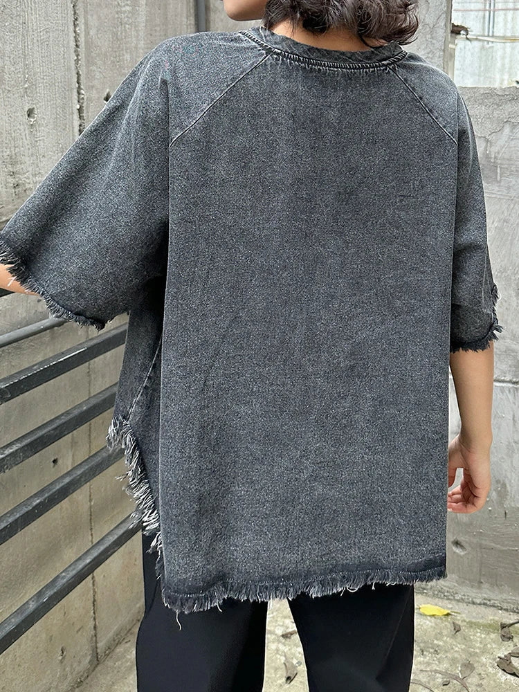 Women Black Denim Burr Irregular Big Size Casual T-shirt New V-Neck Half Sleeve Fashion Tide Spring Summer 2025 1DJ1392