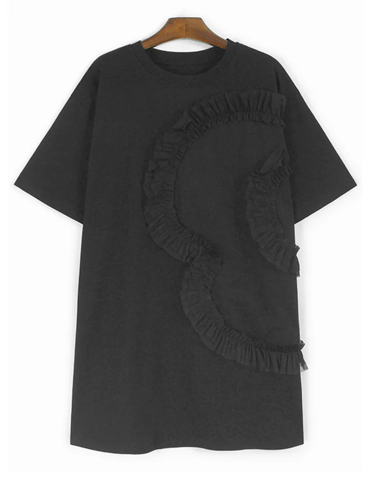 Women Gray Mesh Ruffles Big Size Mini T-shirt Dress New Round Neck Short Sleeve Fashion Tide Spring Summer 2025 1DH9812