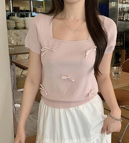 y2k Fairycore Top Women Clothes Solid Color Sqaure Neck Short Sleeve Knitted T Shirt with Bow 2000s Clothing Streetwear