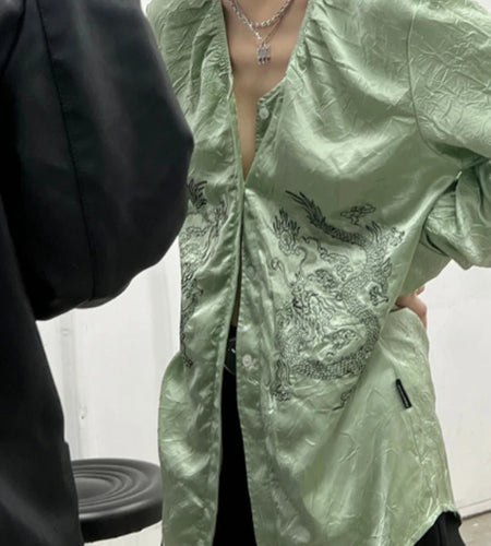 Harajuku Dragon Embroidery V-neck Blouses 2025 New Women Men Shirt Chinese Style Silk  Long Sleeve Tang Costume Blusas Tops