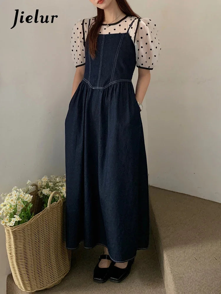 Solid Color Slim Waist Female Strapless Dress Casual Office Ladies Washed Blue Sleeveless Slash Neck Elegant Women Dress