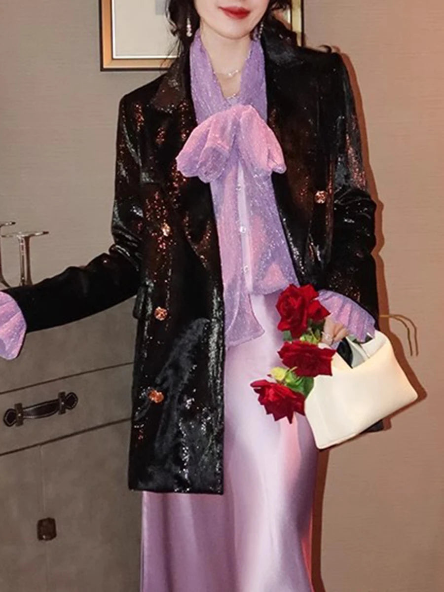 Solid Spliced Lace Up Loose Blouses For Women Scarf Collar Long Sleeve Minimalsit Shirts Female Fashion Style New