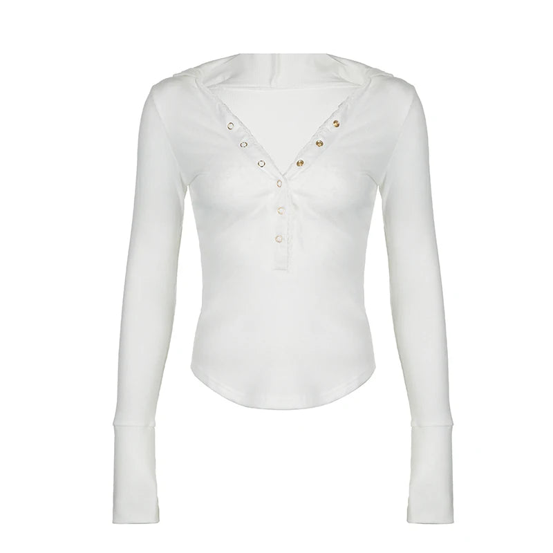 Fashion White Lace Trim Slim Autumn T-shirt Female Hooded Long Sleeve Top Casual Basic Buttons Pullover Chic Clothing