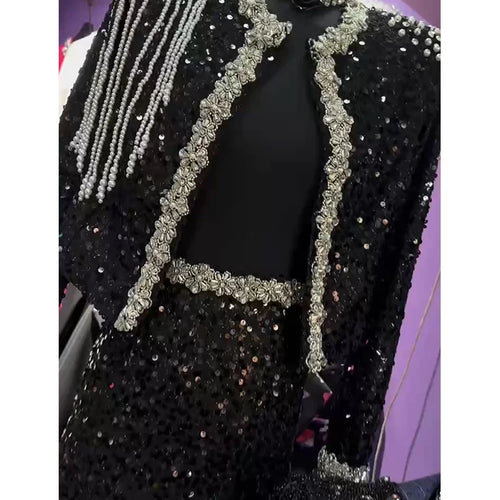 Load image into Gallery viewer, Solid Spliced Diamonds Two Piece Set For Women O Neck Long Sleeve Coat High Wist Temperament Skirt Sets Female New
