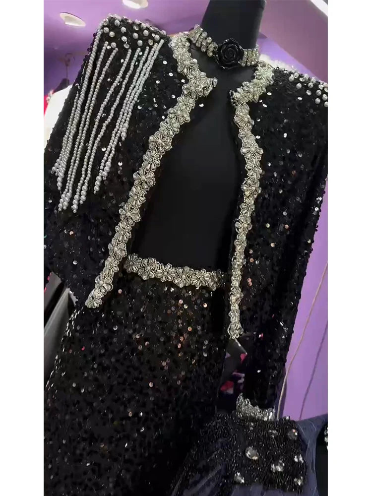 Solid Spliced Diamonds Two Piece Set For Women O Neck Long Sleeve Coat High Wist Temperament Skirt Sets Female New