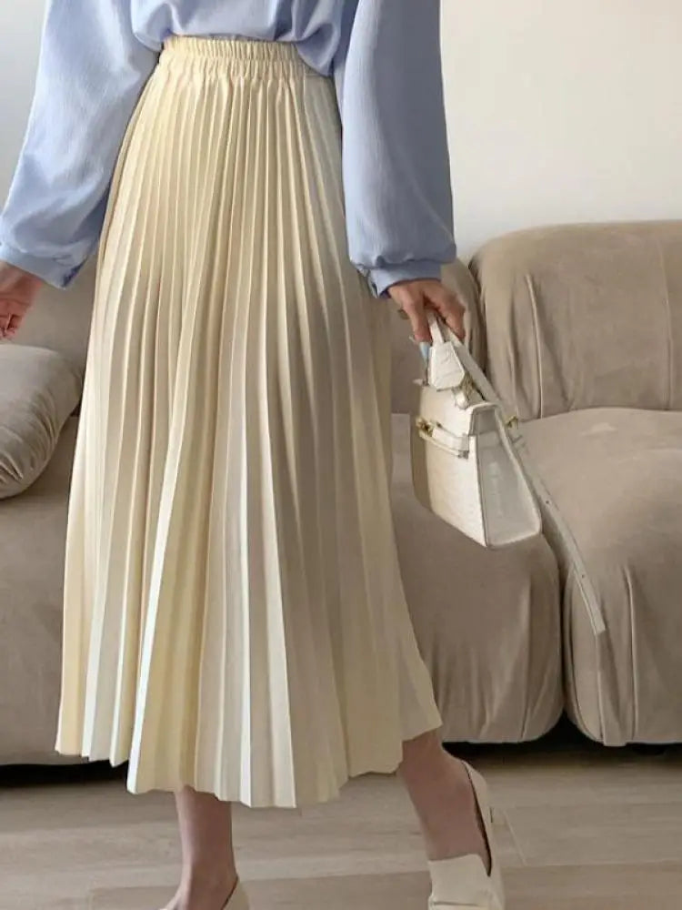 Spring Summer Black Beige High Waist Pleated Long Skirts Korean Fashion Women Blue Yellow Versatile A-line Half Skirt Streetwear