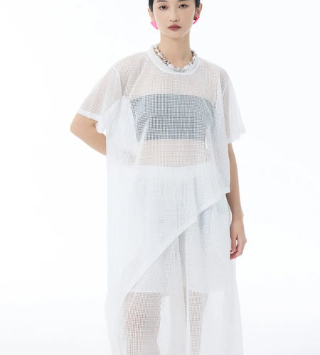 Women Black Grid Hollow Out Big Size Irregular T-shirt New Round Neck Short Sleeve Fashion Tide Spring Summer 2025 1DJ1878