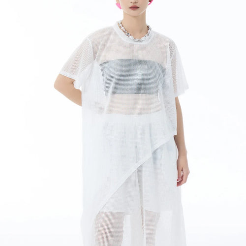 Load image into Gallery viewer, Women Black Grid Hollow Out Big Size Irregular T-shirt New Round Neck Short Sleeve Fashion Tide Spring Summer 2025 1DJ1878
