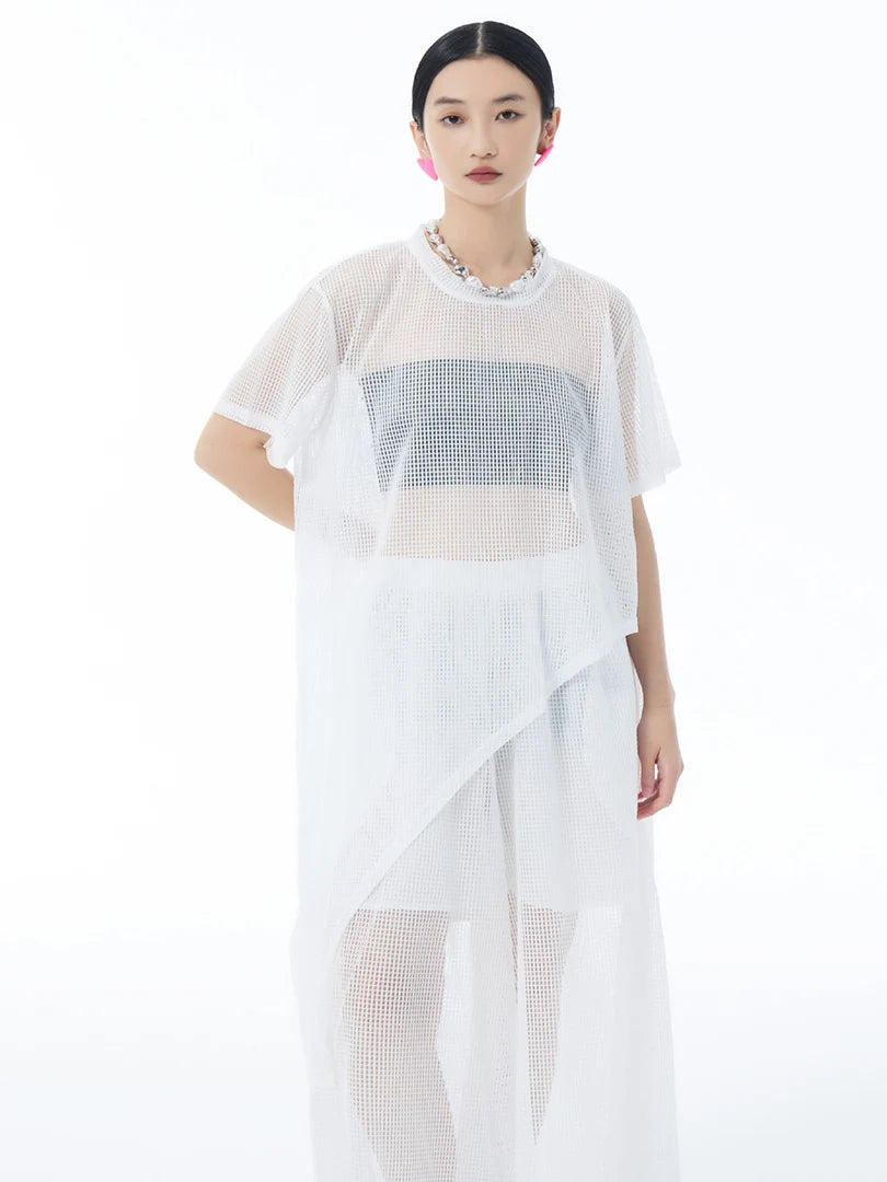 Women Black Grid Hollow Out Big Size Irregular T-shirt New Round Neck Short Sleeve Fashion Tide Spring Summer 2025 1DJ1878