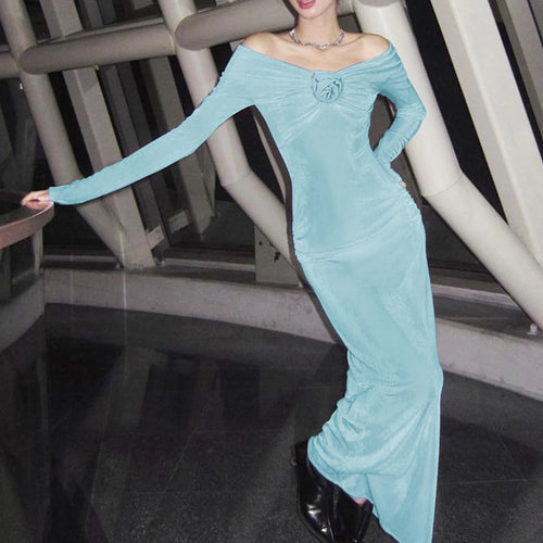 Load image into Gallery viewer, Slash Neck Solid Tie Flower Long Sleeve Backless Sexy Bodycon Maxi Prom Dress Autumn Women Clothes Birthday Party
