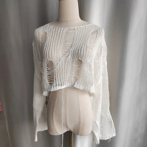 Load image into Gallery viewer, Summer Fairy Hollow Out Streetwear Crop T-shirts Grunge Loose Y2k Aesthetic Tees Harajuku Vintage Casual Knitted Tops Women
