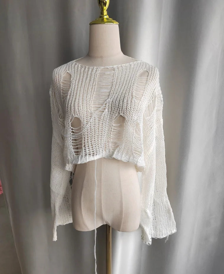 Summer Fairy Hollow Out Streetwear Crop T-shirts Grunge Loose Y2k Aesthetic Tees Harajuku Vintage Casual Knitted Tops Women