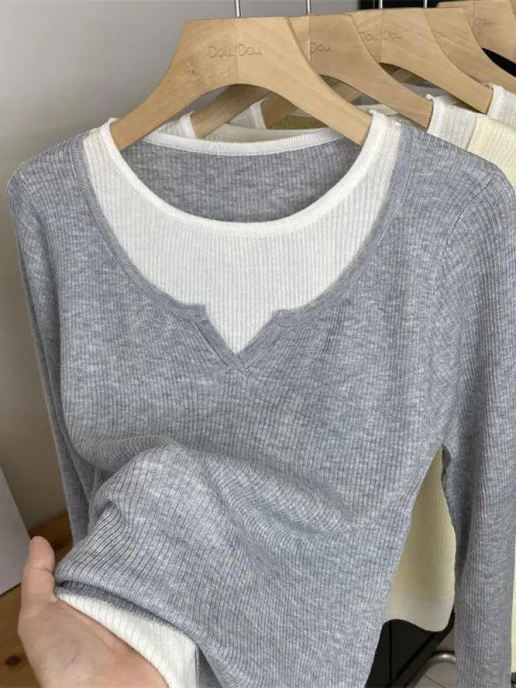 Autumn Winter Women's Patchwork Long Sleeved Pullover Sweater French Casual Round Neck Holiday Knitwear Tops 2024 New Streetwear