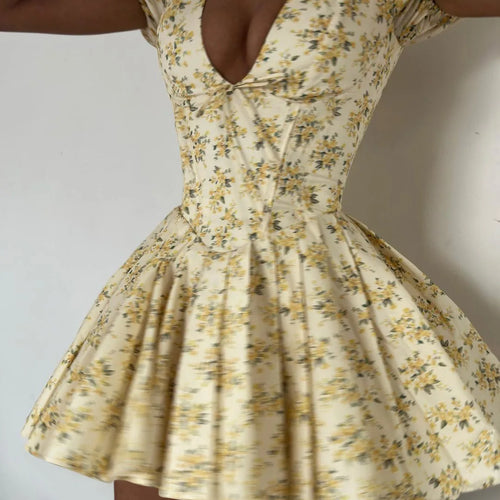 Load image into Gallery viewer, Deep V Neck Print Sexy Mini Dress For Women Fashion Lace-up Short Sleeve A-line Pleated Dress Elegant New Clothes
