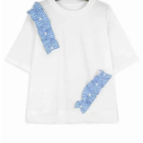 Load image into Gallery viewer, Women White Ruffles Color-block Big Size T-shirt New Round Neck Short Sleeve Fashion Tide Spring Summer 2025 1DJ0182
