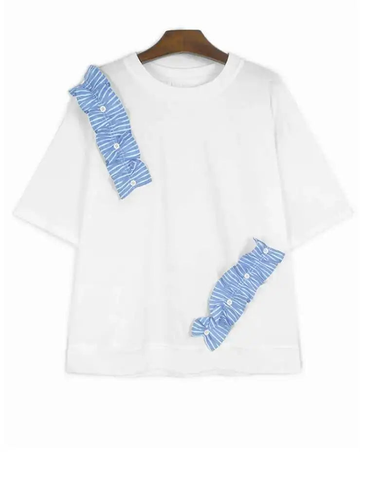 Women White Ruffles Color-block Big Size T-shirt New Round Neck Short Sleeve Fashion Tide Spring Summer 2025 1DJ0182