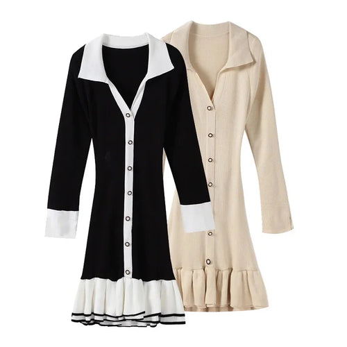 Load image into Gallery viewer, Autumn Winter Knitted Dress Sexy Black Hollow Out Bow Dress Stand Collar Women Long Sleeve Slim Party Dresses
