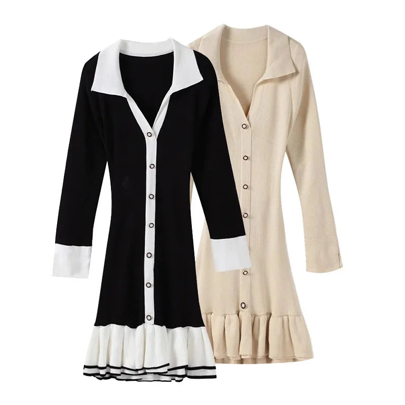 Autumn Winter Knitted Dress Sexy Black Hollow Out Bow Dress Stand Collar Women Long Sleeve Slim Party Dresses