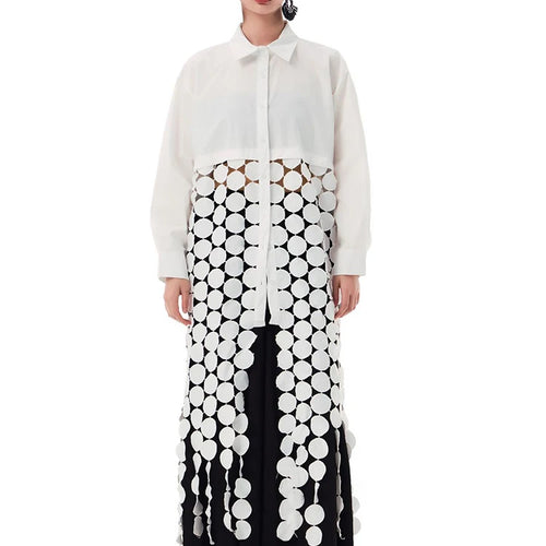 Load image into Gallery viewer, Women White Dot Tassels Hollow Out Midi Big Size Shirt Dress New Lapel Long Sleeve Fashion Tide Spring Autumn 2025 1DH9464
