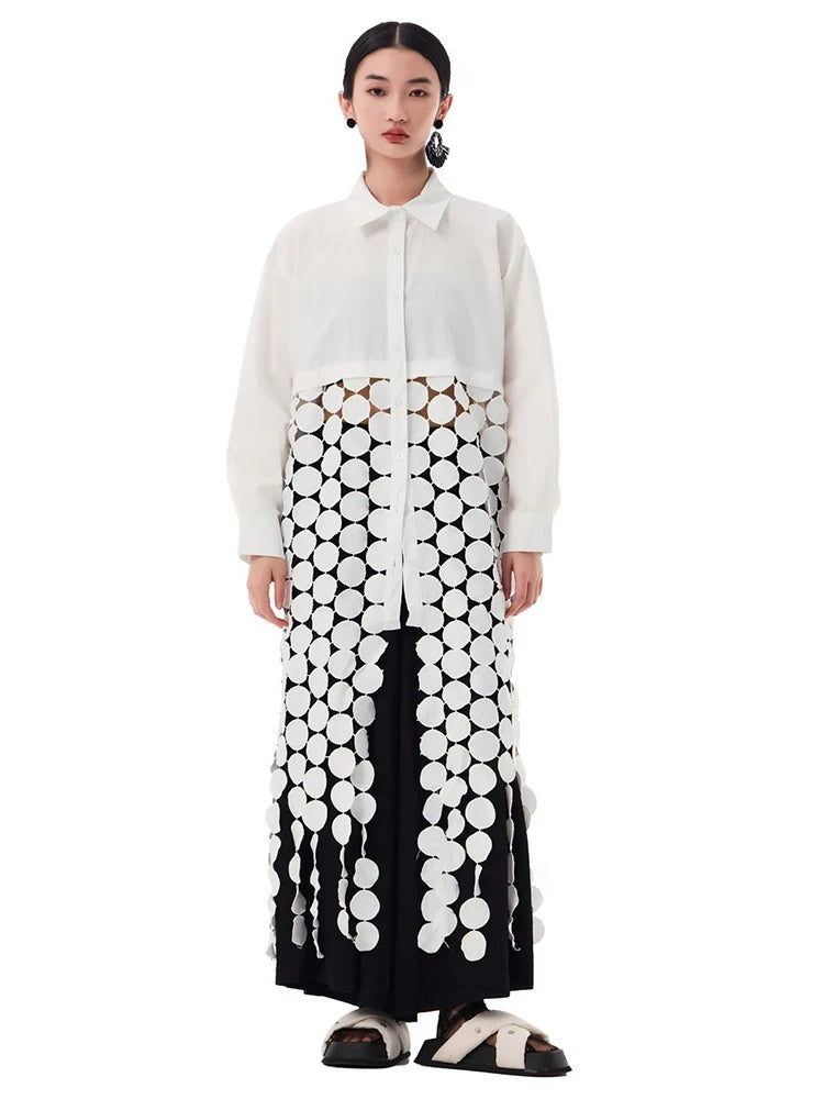 Women White Dot Tassels Hollow Out Midi Big Size Shirt Dress New Lapel Long Sleeve Fashion Tide Spring Autumn 2025 1DH9464