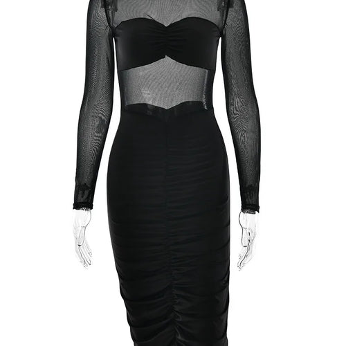 Load image into Gallery viewer, Elegant Long Sleeve Mesh Patchwork Bodycon Party Club Evening Dress Women Winter New 2025 Sexy Tight Perspective Vestido
