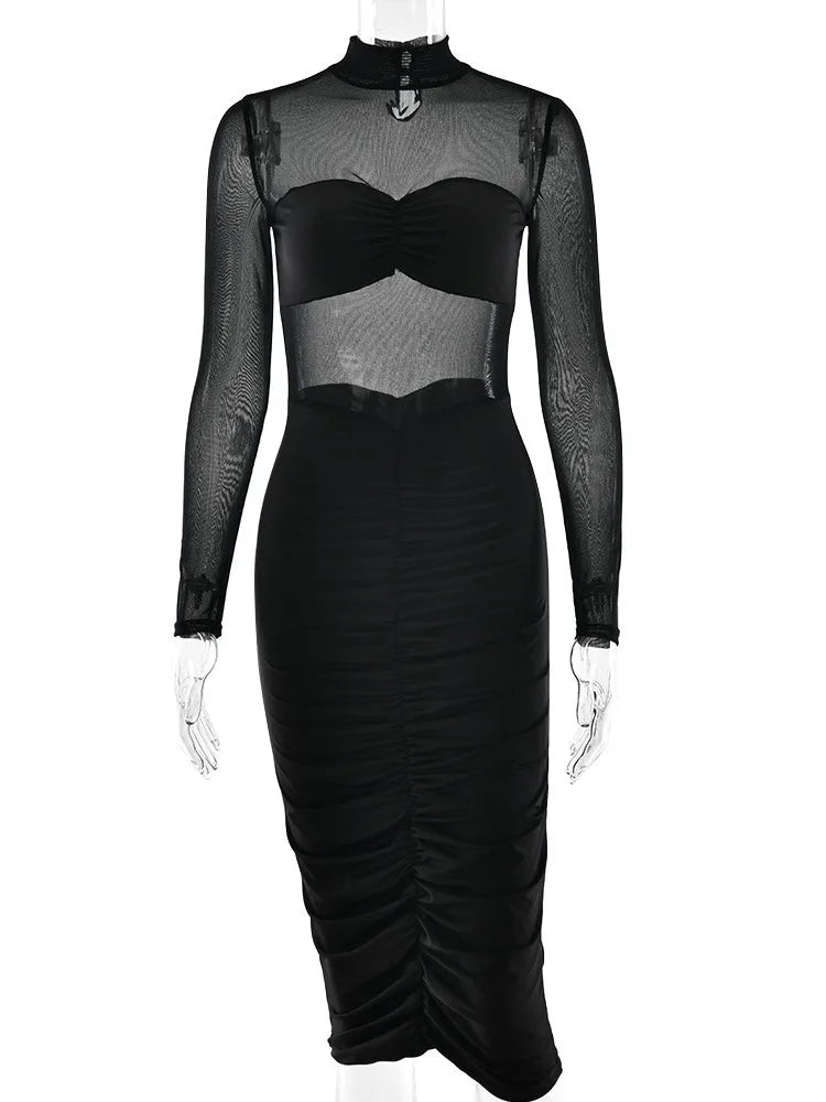 Elegant Long Sleeve Mesh Patchwork Bodycon Party Club Evening Dress Women Winter New 2025 Sexy Tight Perspective Vestido