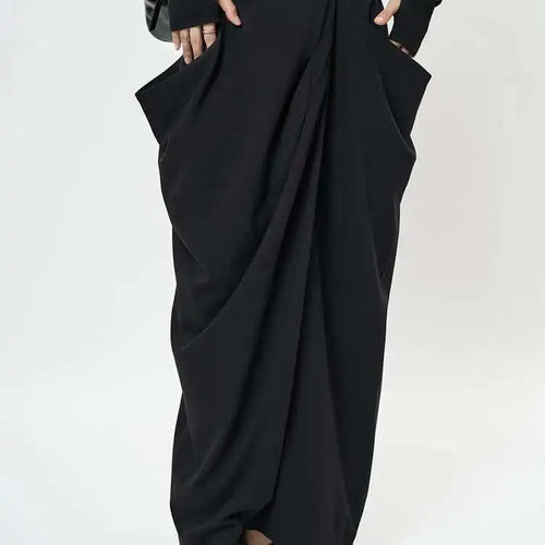 Load image into Gallery viewer, High Waist Black Pleated Shaped Irregular Elegant Long Half-body Skirt Women Fashion Tide New Spring Autumn 2025 1DH9092
