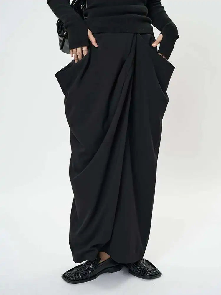 High Waist Black Pleated Shaped Irregular Elegant Long Half-body Skirt Women Fashion Tide New Spring Autumn 2025 1DH9092