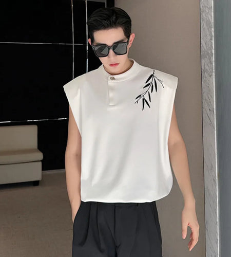 Chinese Style Tank Top Summer Printing Sleeveless Round Neck Button Casual Fashion Man's Vest Loose Top 9C5360