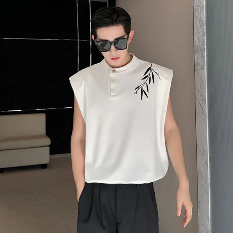 Chinese Style Tank Top Summer Printing Sleeveless Round Neck Button Casual Fashion Man's Vest Loose Top 9C5360