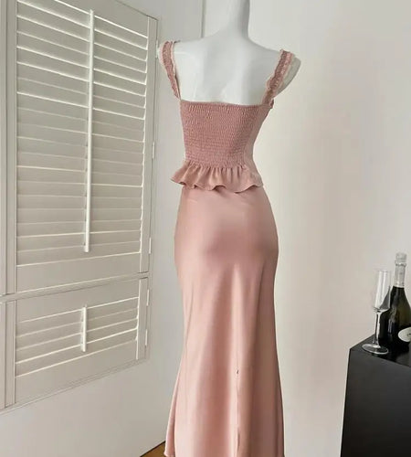 Summer 2025 Women Elegant Two Pcs Sets Pink V Neck Sexy Backless Ruffles Slim Slip Short Tops And High Waist Wrap Hip Long Skirt