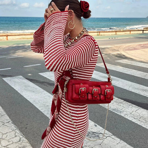 Load image into Gallery viewer, Striped Knit Mini Dress For Women Autumn Winter New O Neck Long Sleeve Contrast Color High Waist Beach Sexy Dress New
