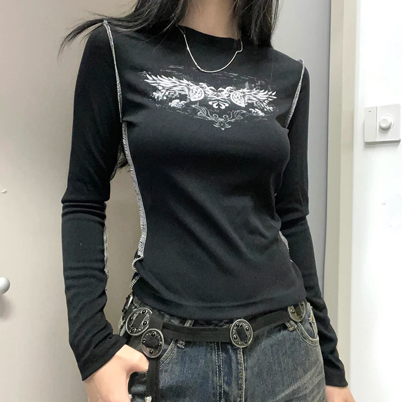 Grunge Stitch Bodycon Women Tee Shirts Vintage Y2K Top Clothes Printed 2000s Aesthetic Spring Autumn T shirt Harajuku