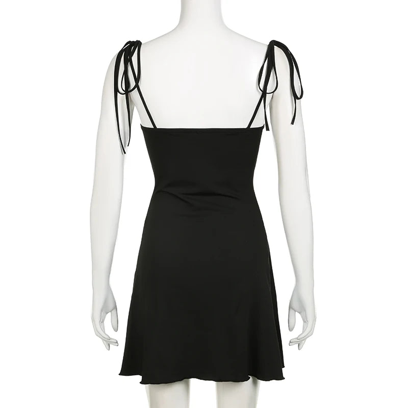 Strappy Black Slim Summer Dress Mini Tierred Drawstring Folds Sexy Sundress Korean Fashion Draped Holidays French New