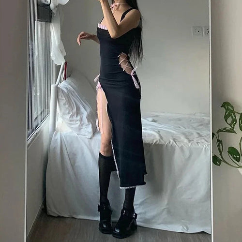 Load image into Gallery viewer, Hollow Lace Up Halter Split Long Dresses Y2k Coquette Clothes Aesthetic Black Sexy Dress Nightclub Fashion P71-DE20
