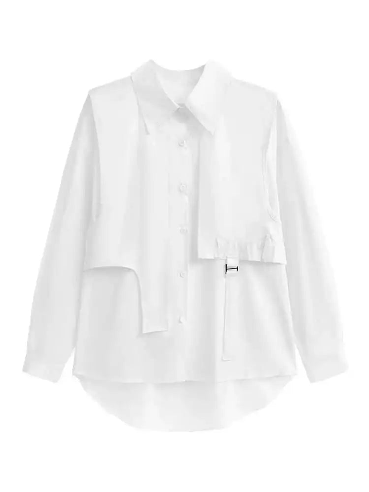 Women White Big Size ribbon Casual Blouse New Lapel Long Sleeve Loose Fit Shirt Fashion Tide Spring Autumn 2025 1DH3500