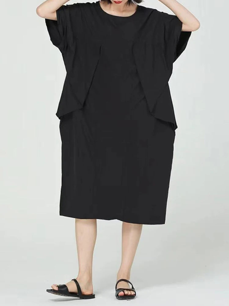 Women Blue Pleated Irregular Big Size Midi Dress New Round Neck Short Sleeve Fashion Tide Spring Summer 2025 1DJ1230